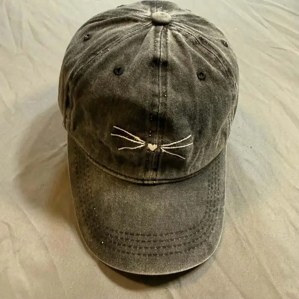Francesca’s MEOW Cat Whiskers Washed Black Adjustable Dad Hat Distressed
